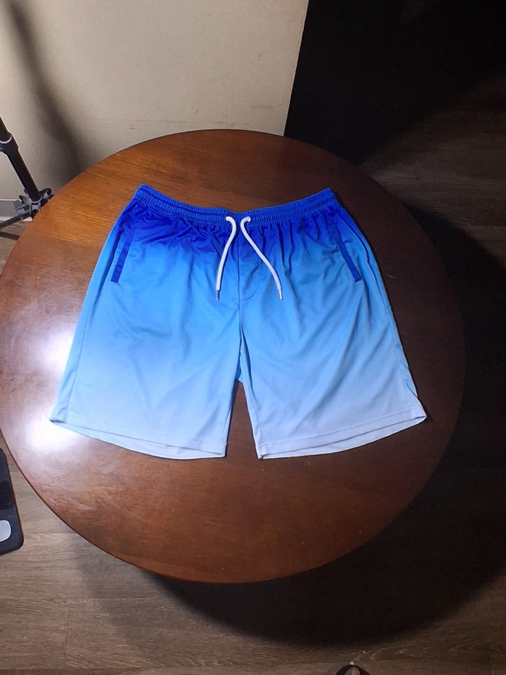 Fashion Nova Men’s Blue Ombre Swim Trunks with White Drawstring